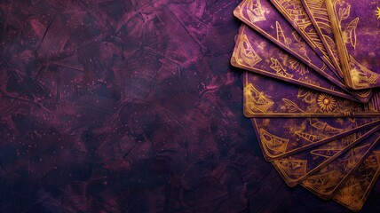 Mysterious tarot cards with golden details spread on textured purple surface