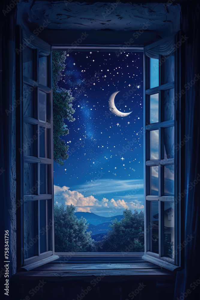 Poster Night sky view through an open window. Perfect for background use