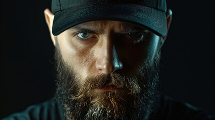A man with a beard wearing a baseball cap. Suitable for sports or casual themes