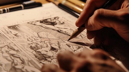 Artist inking a comic strip with precision and skill on a wooden desk