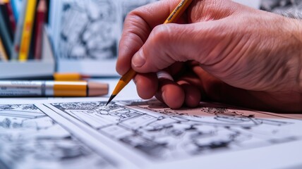 Close-up of artist's hand drawing a comic strip with pencils