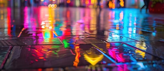 Closeup reflection of a city street illuminated by lights after rain at night.