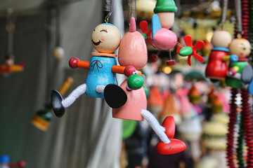 Colored wooden dolls displayed at a Indian handicrafts fair at New Delhi