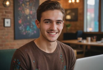 Young man smiling at camera in a cozy cafe setting. - obrazy, fototapety, plakaty