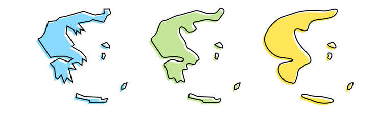 Greece country black outline and colored country silhouettes in three different levels of smoothness. Simplified maps. Vector icons isolated on white background.