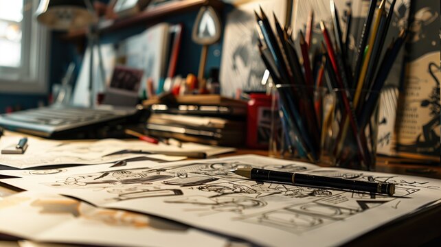 Concept art sketches spread out on a desk filled with drawing tools