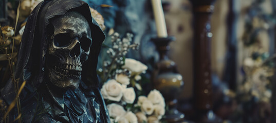 skull effigy in a church with flowers and candles with copy space