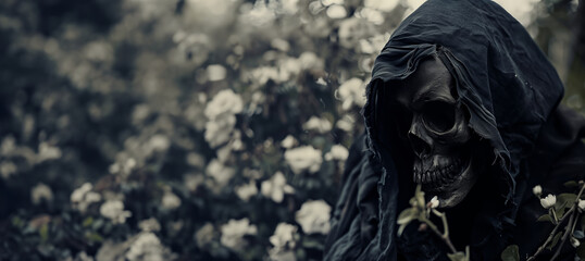 grim reaper hiding in a field of white flowers with copy space - obrazy, fototapety, plakaty