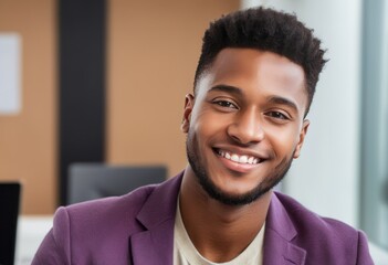 A young man in a purple suit smiles warmly in the office. His confidence radiates in this professional setting.