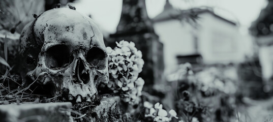 human skull in a graveyard with copy space - obrazy, fototapety, plakaty