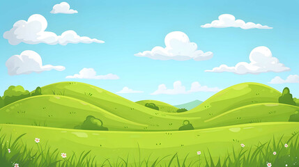 Spring landscape banner.countryside green meadow with small barn ,flowers ,trees and mountains background.vector illustration.