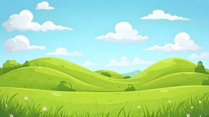 Photo sur Plexiglas Vert-citron Spring landscape banner.countryside green meadow with small barn ,flowers ,trees and mountains background.vector illustration.