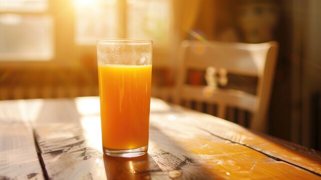 Sunlit glass of orange juice on a wooden table at breakfast time