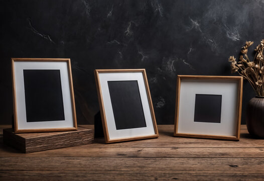 Three wooden picture frames are arranged on a wooden table.