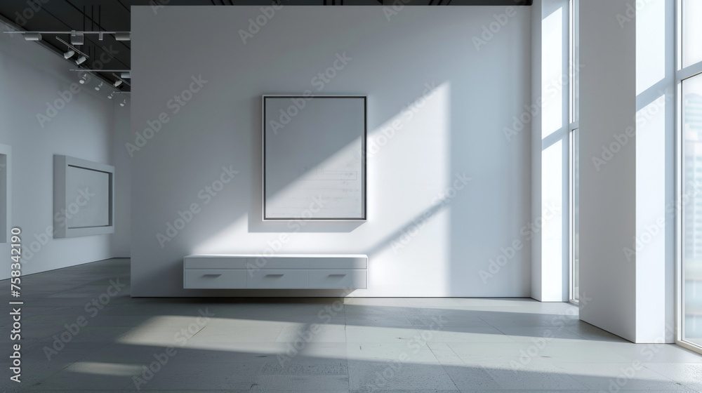 Poster An empty room with a picture frame on the wall. Suitable for interior design concepts