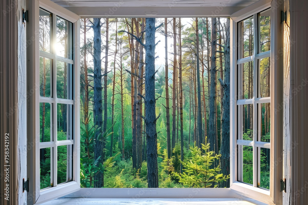 Poster A peaceful forest view through an open window. Suitable for nature and relaxation concepts