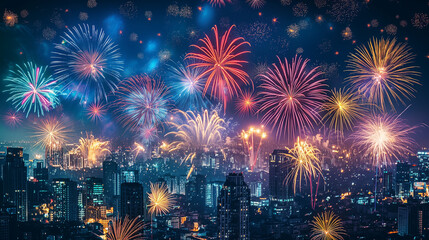 A spectacular fireworks display lights up the starry night sky: glowing explosions in brilliant colors such as red, blue, gold and green. Forms glittering patterns and sparkling spirals.