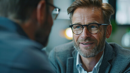 A picture of a man with glasses talking to another man. Can be used for business communication concepts - obrazy, fototapety, plakaty