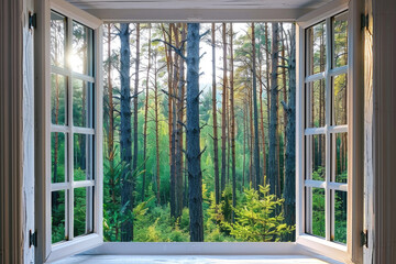 A peaceful forest view through an open window. Suitable for nature and relaxation concepts