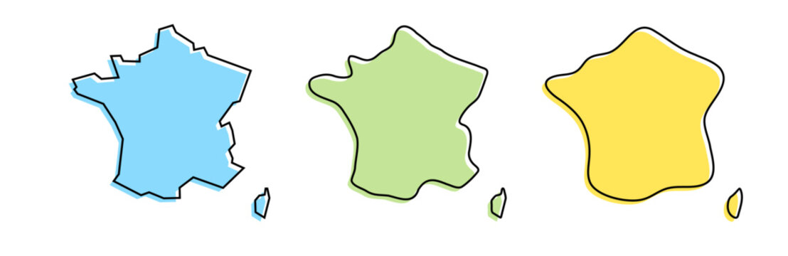 France country black outline and colored country silhouettes in three different levels of smoothness. Simplified maps. Vector icons isolated on white background.