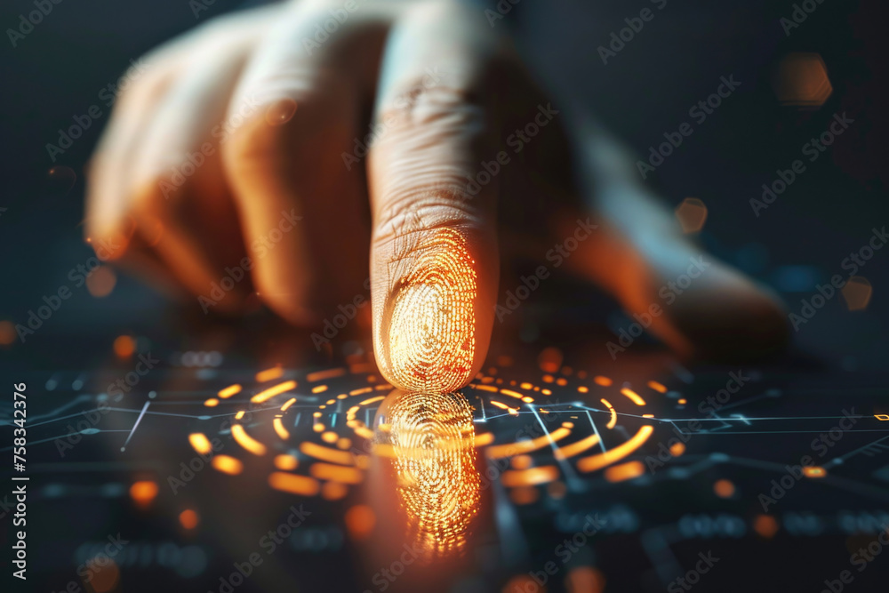 Fototapete finger touching a fingerprint on a computer screen. suitable for cybersecurity concepts