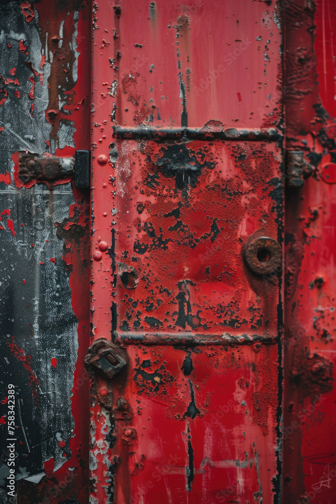 Aufkleber detailed image of a red door with rust, suitable for backgrounds or textures