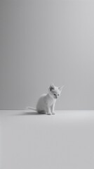 White small sad kitten sitting on white background. Wallpaper.