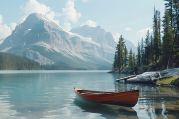 Scenic red boat on serene lake, ideal for travel brochures