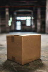 Cardboard box sitting on the warehouse floor, suitable for logistics and storage concepts