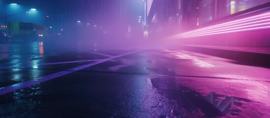 Street in the city with neon lights at night which is futuristic. Cyberpunk city concept