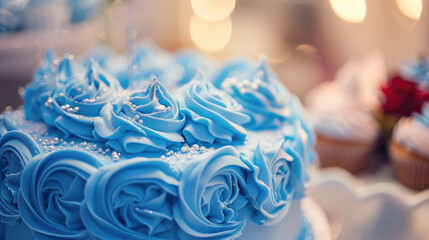 A detailed shot of a blue frosted cake, perfect for bakery or dessert concepts