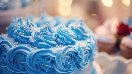 Zelfklevend Fotobehang A detailed shot of a blue frosted cake, perfect for bakery or dessert concepts © Fotograf