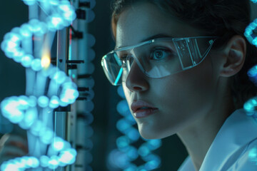 A woman wearing a lab coat and safety glasses, suitable for science and research concepts