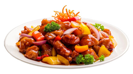 Sweet and Sour Pork on a plate isolated on transparent png background. Generative ai 