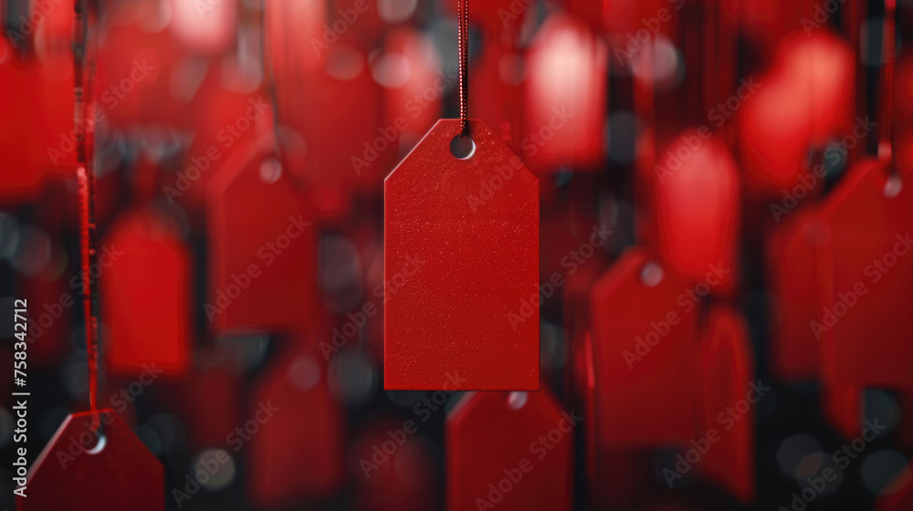 Poster Red tags hanging from strings, perfect for retail or organization concepts