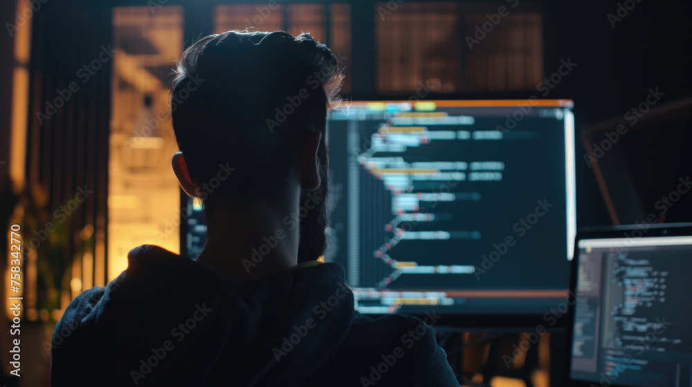 Poster A man sitting in front of a computer monitor. Suitable for technology concepts