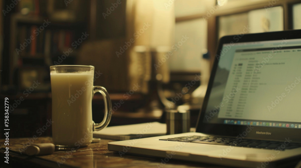 Poster glass of milk next to a laptop computer. suitable for technology and food concepts