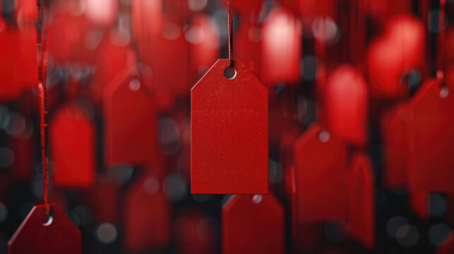 Red tags hanging from strings, perfect for retail or organization concepts