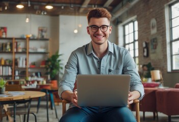 Cheerful young man with glasses using laptop in a cafe. Casual work environment with people in the background.