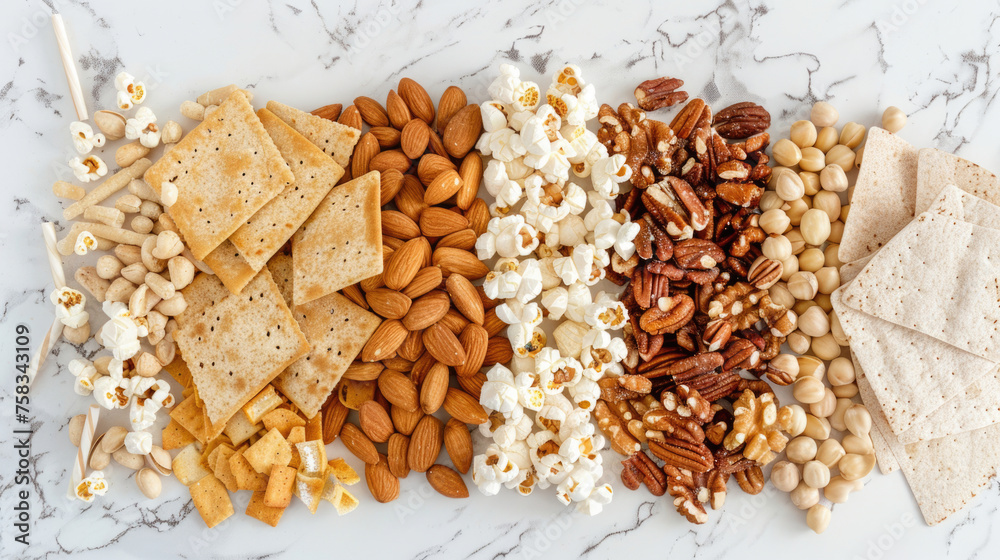 Poster various nuts and crackers displayed on a table, perfect for food and snack concepts