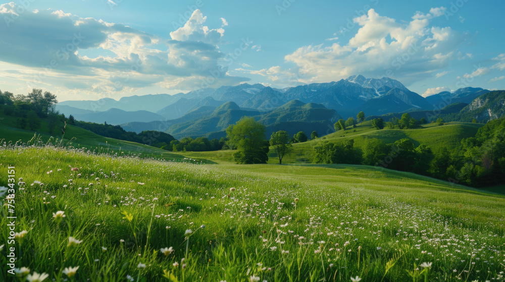 Poster scenic view of a green field with white flowers and mountains in the background. ideal for nature an