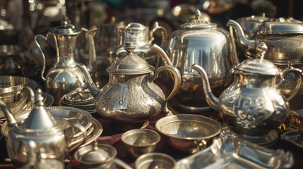 Fototapeta na wymiar Elegant silver tea pots and cups on a table, perfect for tea party invitations