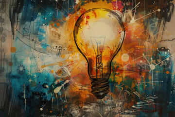 A painting of a light bulb on a wall, suitable for creative concepts - obrazy, fototapety, plakaty