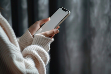 A woman in a white sweater holding a cell phone, suitable for technology and communication concepts - obrazy, fototapety, plakaty