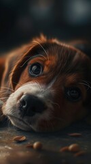 A portrait of beagle puppy with big sad eyes.