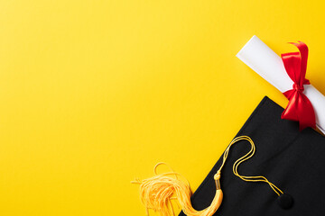 Graduation hat and diploma on yellow background. Flat lay, top view.