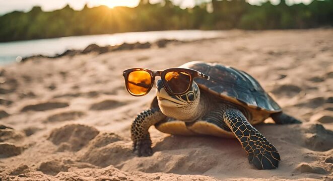 Turtle with sunglasses on the beach.