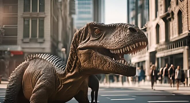 Dinosaur in a city.