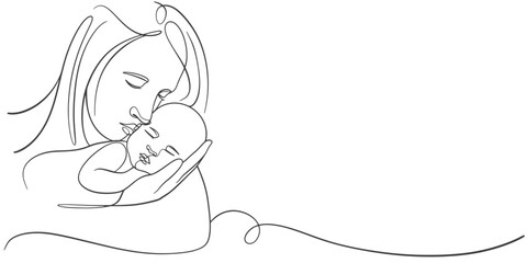 Mother and baby line art. Mom hugs child. Motherhood and newborn concept. Happy mother line vector illustration. Parent loving kid, happy mother day design for card