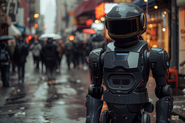 Police robot with AI to patrol streets of city using new protective technology.